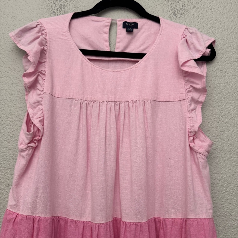 J. Crew Factory Pink Linen Blend Colorblock Ombre Ruffle Sleeve Dress Size 14 - Picture 2 of 15